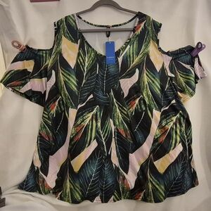 Cold-Shoulder Tropical Leaf Print Blouse - Green/Pink